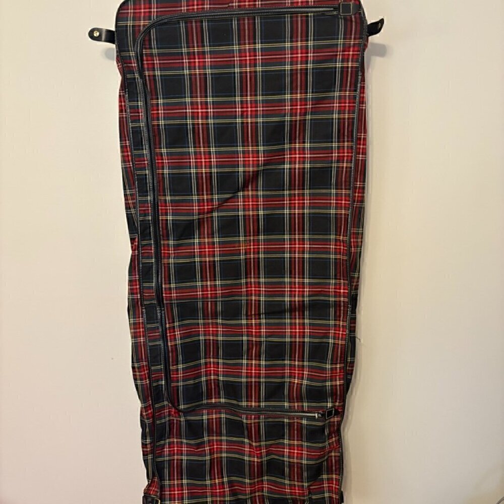 Vintage Tartan Plaid Hanging Suit Garment Bag - Leather Handle Original Hardware - Picture 12 of 12